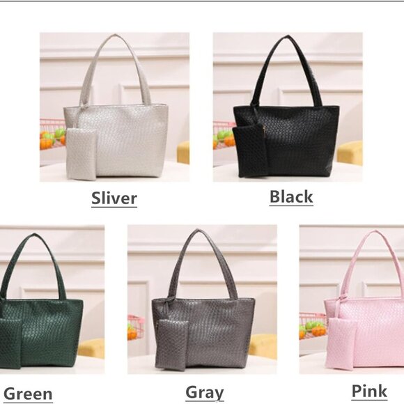 Elegant Vegan Leather Woven Tote Bag Set - Versatile & Stylish 2pc for Women - Picture 3 of 6